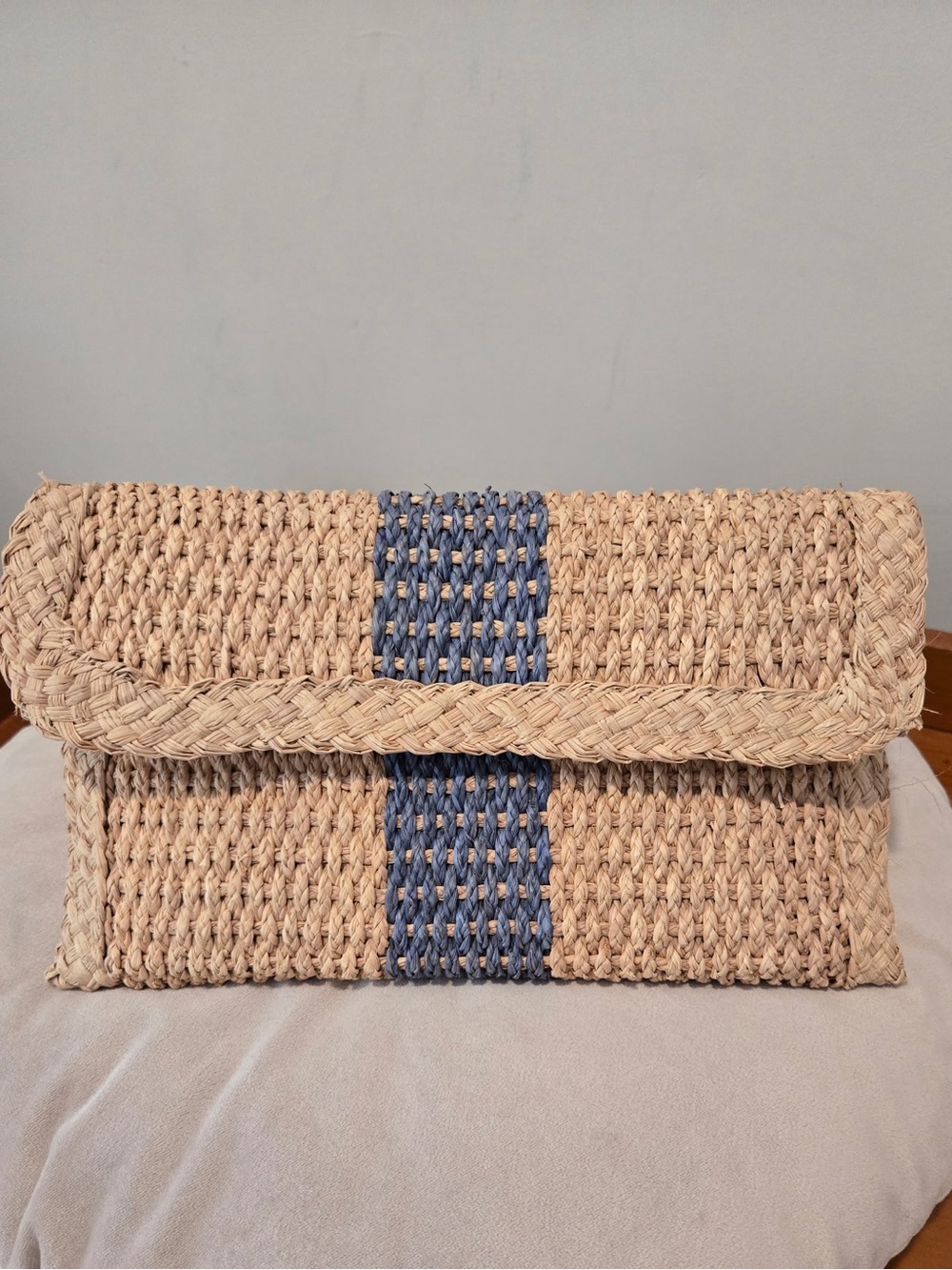 Kaanas Beige Woven Clutch with Blue Stripe
